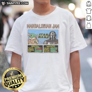 Official Mandalorian Jam Grogu and Mando T-Shirt featuring iconic characters from Star Wars in vibrant colors.