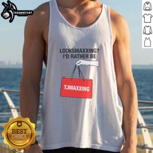 Nice Looksmaxxing Id Rather Be Store Maxxing Tank Top displayed on a hanger, showcasing trendy fashion for everyday wear.