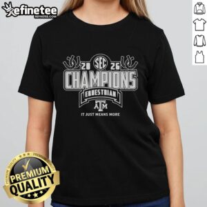 Alt Text: Texas A&M Aggies 2026 SEC Equestrian Champions locker room tee, celebrating team spirit and pride in women's sports.