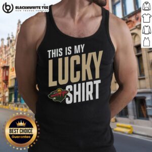 Nice Minnesota Wild 'This Is My Lucky' tank top displayed on a wooden background, perfect for fans of the NHL team.