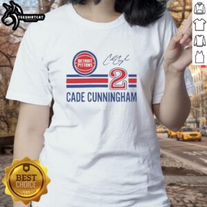Ladies' tee featuring Cade Cunningham's signature, name, and number for Detroit Pistons fans.