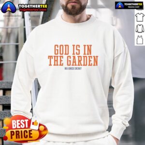 Hot New York Knicks 'God Is In The Garden' sweatshirt for NBA Playoffs 2026, showcasing team spirit and style.