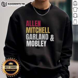 Cleveland Cavaliers basketball sweatshirt featuring the starting four: Allen, Mitchell, Garland, and Mobley.