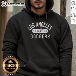 Alt Text: Vintage 1958 Los Angeles Dodgers logo hoodie showcasing classic team colors and retro design for fans.