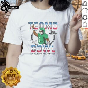 Alt Text: Official Tecmo Bowl X Topps Chrome Eagles Jalen Hurts Ladies Tee featuring vibrant graphics and a stylish design.