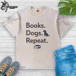 Funny dog washed t-shirt featuring the phrase 'Nice Books Dogs Repeat' with a playful dog graphic design.