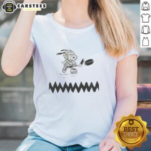 Awesome Snoopy dog hockey player graphic on a ladies tee, perfect for hockey fans and Snoopy lovers.