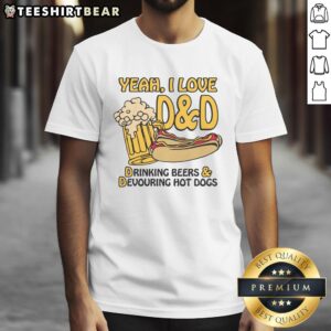 Funny Yeah I Love D&D Drinking Beers & Devouring Hot Dogs T-Shirt design featuring playful graphics for tabletop gamers.