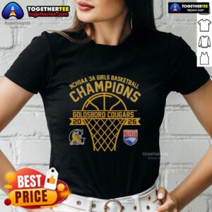 Alt Text: Original Goldsboro Cougars NCHSAA 3A Girls Basketball Champions Ladies Tee featuring team colors and logo.