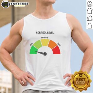 Funny meme tank top featuring 'Awesome Cortisol Level Low' design, perfect for stress relief and humor lovers.