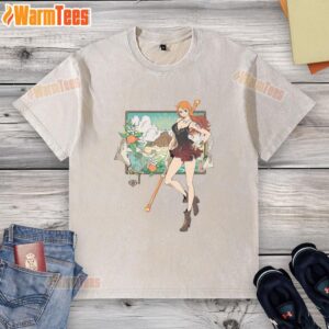 Awesome Nami One Piece Cat Burglar anime washed t-shirt featuring vibrant design and comfortable fit for fans.