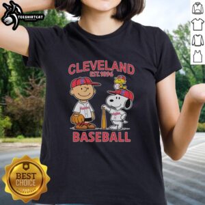 Good Charlie Brown, Snoopy, and Woodstock in Cleveland Guardians baseball jersey, Est. 1896, on a ladies' tee.