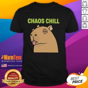 Funny capybara with red eyes and tongue out on a chaotic chill meme T-shirt, perfect for animal lovers and meme fans.