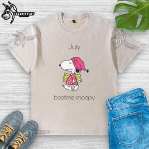Cute July Bedtime Snoopy Washed T-Shirt featuring a playful Snoopy design on soft fabric, perfect for summer nights.