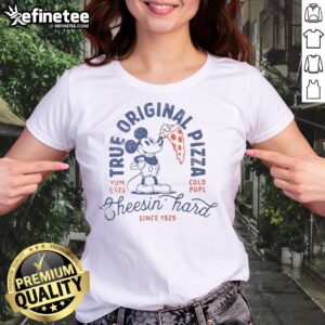 Original Disney Mickey Mouse True Original Pizza Cheesin Hard Ladies Tee featuring a fun Mickey graphic and vibrant colors.