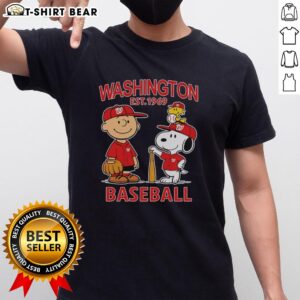Alt Text: Good Charlie Brown, Snoopy, and Woodstock wearing Washington Nationals baseball jersey est 1969 t-shirt design.