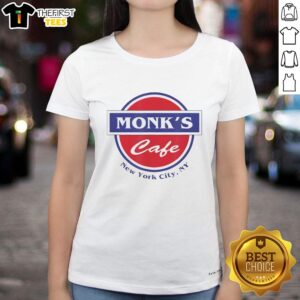 Top Monks Cafe in New York City logo on a stylish ladies tee, showcasing trendy design and urban vibes.