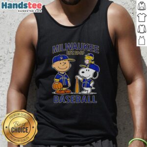 Alt Text: Good Charlie Brown, Snoopy, and Woodstock wearing Milwaukee Brewers jersey tank top, celebrating baseball since 1969.