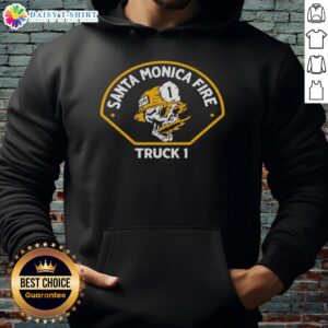 Top Santa Monica Fire Tiller Truck 1 hoodie featuring a vibrant design and logo, perfect for fire department supporters.