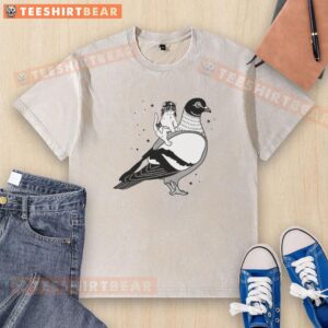 Top Gary riding pigeon cat in a hat flies on dove, featured on a washed T-shirt design.
