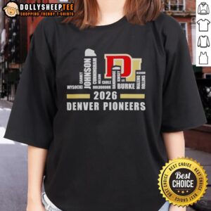 Alt Text: 2026 Denver Pioneers Hockey Champions roster names on a ladies tee with Denver city skyline in the background.