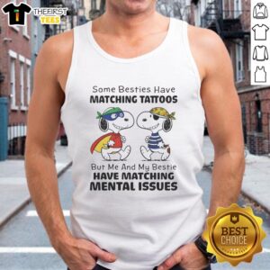 Two friends wearing matching tank tops with a cute Snoopy design about mental issues, showcasing their unique bond.