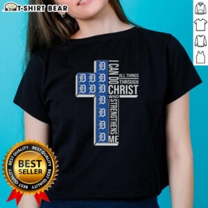 Detroit Tigers ladies tee featuring 'I Can Do All Things Through Christ Who Strengthens Me' design.