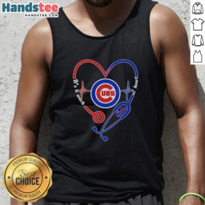 Alt Text: Chicago Cubs heart and soul tank top featuring a stethoscope and heartbeat design, perfect for fans and medical professionals.