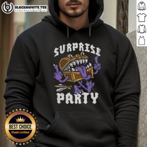 Cozy hoodie featuring a Nice Surprise Party mimic chest design, perfect for gamers and fans of whimsical apparel.
