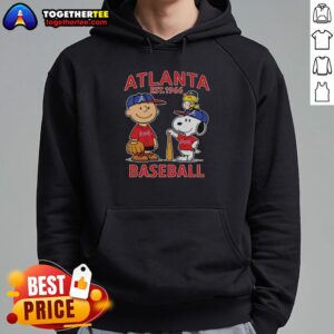 Alt Text: Charlie Brown, Snoopy, and Woodstock wearing Atlanta Braves baseball jersey hoodie, est. 1961, perfect for fans.