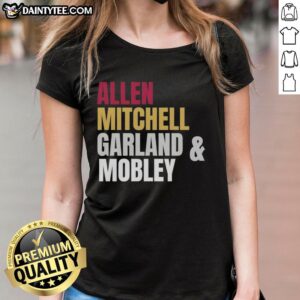 Alt Text: Cleveland Cavaliers starting four featuring Allen, Mitchell, Garland, and Mobley on a stylish ladies' tee.