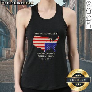 Alt Text: George Carlin tank top design featuring 'The United States Is An Oil Company With An Army' slogan.