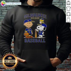 Alt Text: Charlie Brown, Snoopy, and Woodstock wearing Milwaukee Brewers baseball jersey hoodie, established 1969.