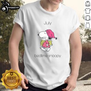 Cute July Bedtime Snoopy T-Shirt featuring Snoopy in pajamas, perfect for summer sleepwear and Peanuts fans.