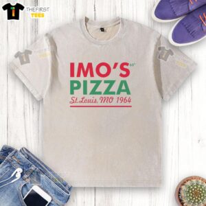Vintage Good Imo's Pizza 60th St. Louis MO 1964 washed t-shirt showcasing retro pizza logo and soft fabric design.