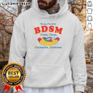 Original 'Yeah I'm Into BDSM' hoodie featuring buns, dogs, sausages, and mustard design, perfect for playful fashion.