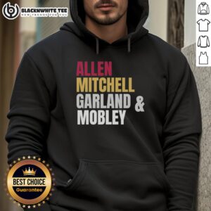 Hot Cleveland Cavaliers basketball starting four: Allen, Mitchell, Garland, and Mobley in stylish hoodies.