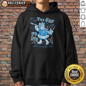 Alt Text: Philadelphia Phillies mascot holding Rocket The Grit Philly Will Come For You hoodie, showcasing team spirit and fun.