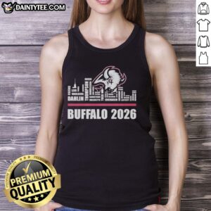 Buffalo Sabres 2026 NHL tank top featuring city skyline shape and player names, perfect for fans and sports enthusiasts.