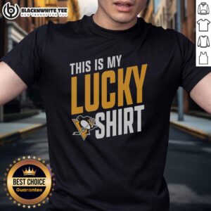 Alt Text: Pittsburgh Penguins 'This Is My Lucky' T-shirt displayed on a hanger, perfect for fans of the NHL team.
