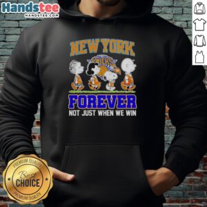 Alt Text: Official Peanuts Characters x MLB New York Knicks hoodie featuring 'Forever, Not Just When We Win' slogan.