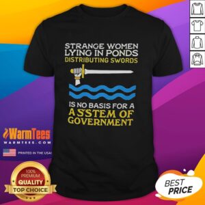 Alt Text: Good Strange Women Lying In Ponds Distributing Swords T-Shirt featuring whimsical art of women with swords in a serene pond.