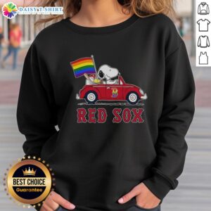 Alt Text: Boston Red Sox X Snoopy and Woodstock driving a car with a rainbow flag sweatshirt design, vibrant and playful.