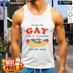 Awesome Yeah I'm Gay tank top featuring a playful hot dog graphic, perfect for pride events and casual summer wear.