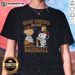 Good Charlie Brown, Snoopy, and Woodstock wearing Diego Padres baseball jersey Est. 1969 on a ladies tee.
