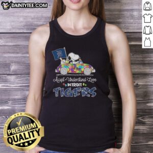 Original Detroit Tigers X Snoopy and Woodstock driving car tank top featuring love and acceptance theme.