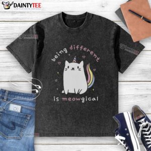 Alt Text: Cute 'Nice Being Different is Meowgical' washed t-shirt featuring a playful cat design, perfect for cat lovers.