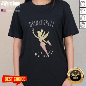 Funny ladies tee featuring Good Tinker Bell holding whiskey with 'Drinkerbell' text, perfect for beer lovers.