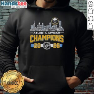 Buffalo Sabres 2026 NHL Atlantic Division Champions hoodie featuring city skyline and player names.