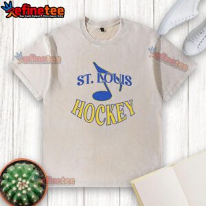 Alt Text: Top St. Louis Blues NHL musical note logo on a washed t-shirt, perfect for fans and casual wear.